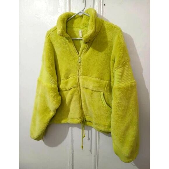 Free People movement women medium HIT THE SLOPES lime green fuzz sweater jacket - Picture 1 of 7
